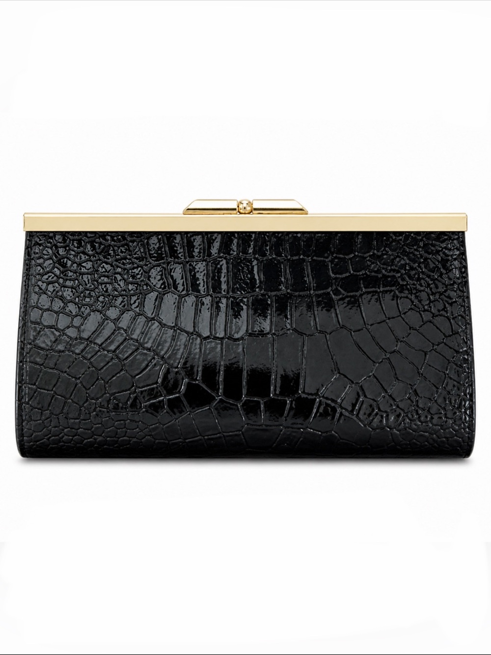 Black Croc-Embossed Clutch with Gold Kiss Lock